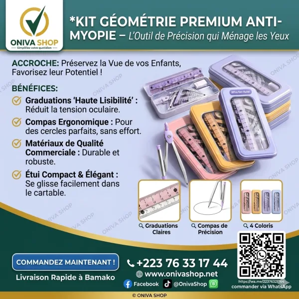 Kit de Géométrie Premium 8 Pièces Anti-Myopie – Compas, Règle, Équerres et Rapporteur