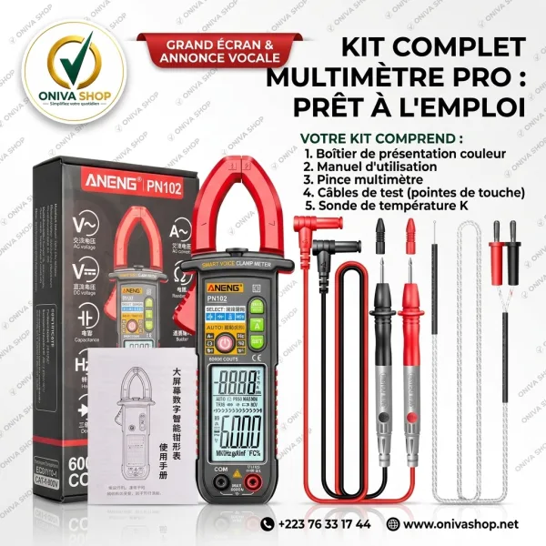 Pince Ampèremétrique Numérique ANENG PN102+ – 600 A AC – Multimètre Intelligent avec NCV et Annonce Vocale